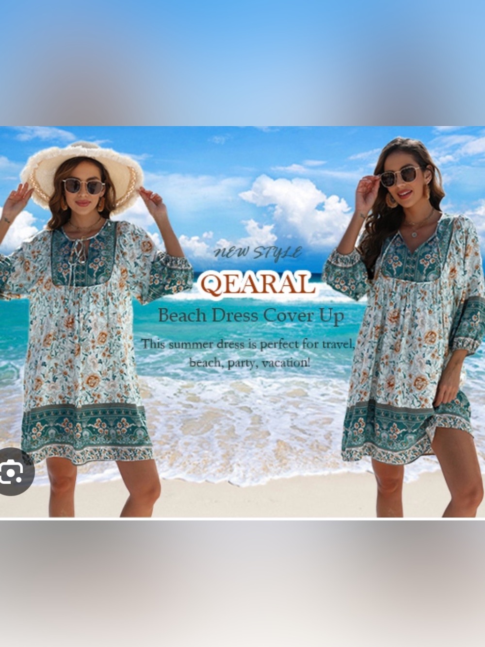 Quaral Boho Floral Beach Coverup Dress Size XL Cottagecore Vintage Teal Tunic